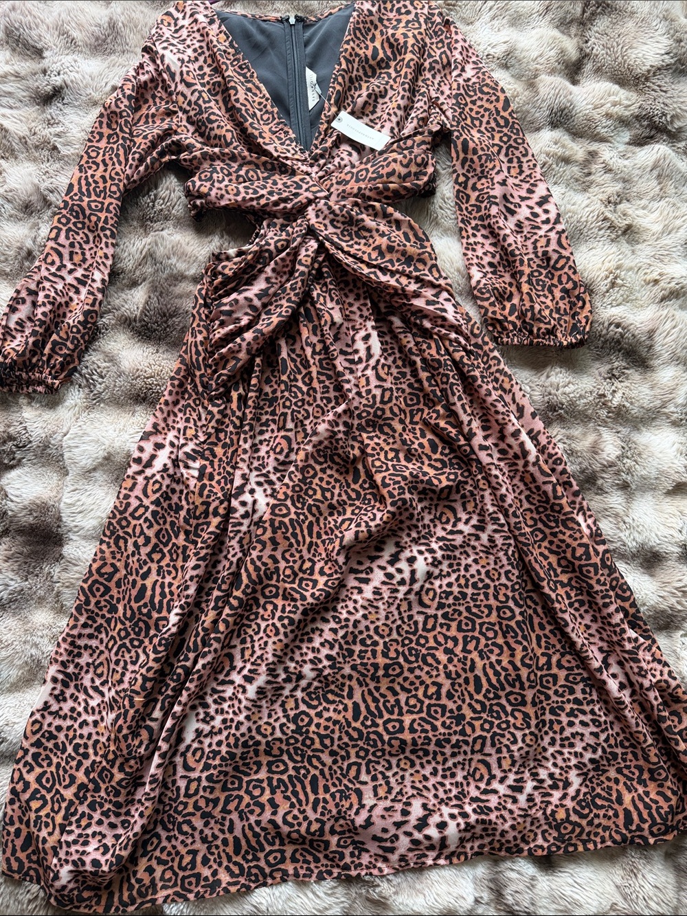 Anthroplogie, Ranna Gill Brown Motif Midi Dress with Black Leopard Print